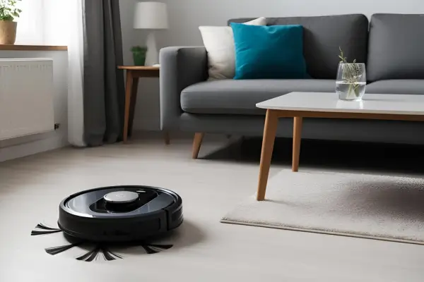 Senhora idosa relaxando em sua sala de estar enquanto um robô aspirador limpa o chão, garantindo sua segurança e autonomia.