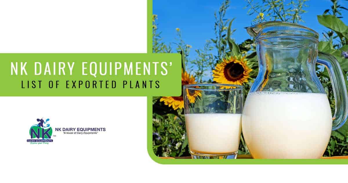 Fresh milk in glass and pitcher with sunflower field background, dairy farm equipment, and outdoor setting.