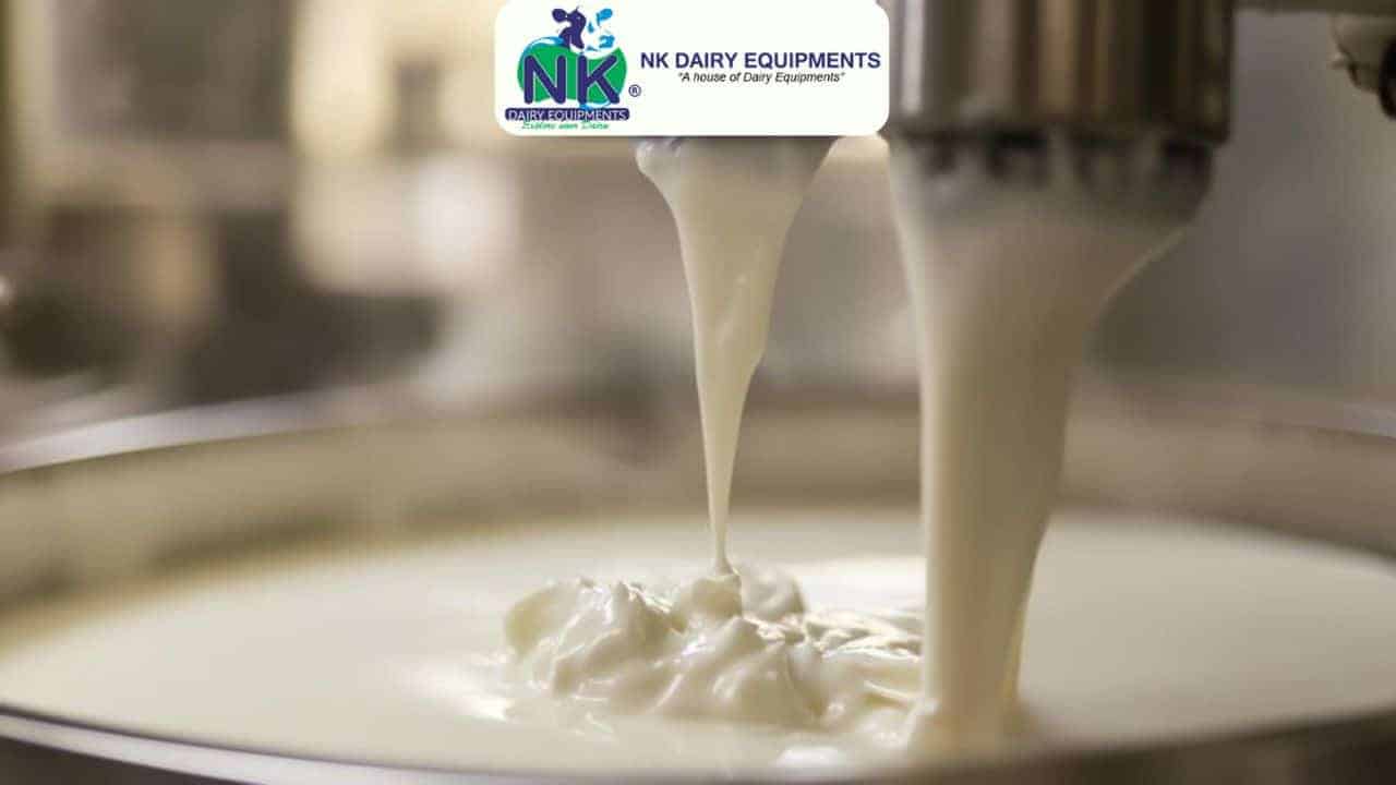 Creamy milk being processed with NK Dairy Equipments machinery.