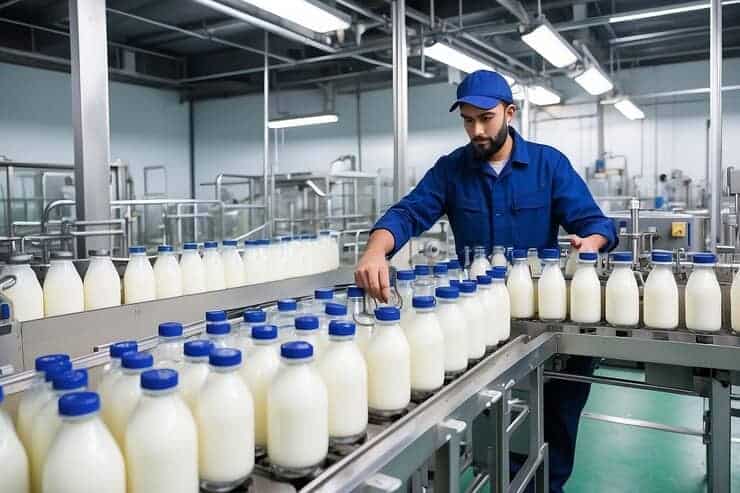 Milk bottles being filled with dairy equipment at NK Dairy Equipments.