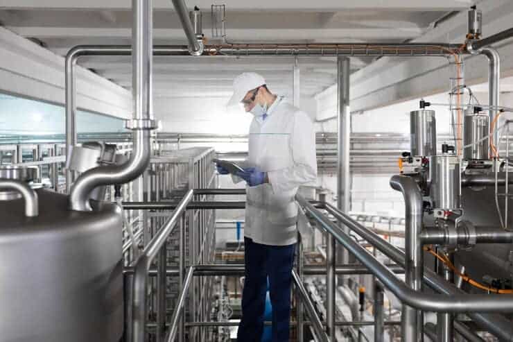 Clean dairy processing plant with stainless steel equipment and inspection by technician.