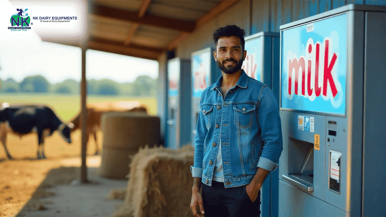 High-quality milk vending machine at dairy farm with man in casual denim jacket.
