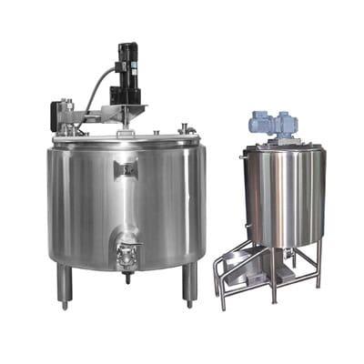 Stainless steel dairy mixing tanks and equipment for milk processing and dairy production.
