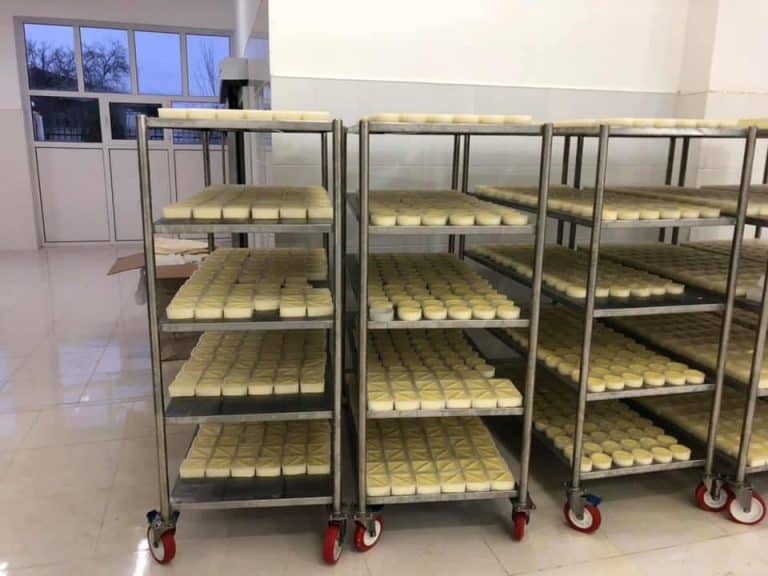 Fresh cheese products on stainless steel carts at NK Dairy Equipments manufacturing facility.