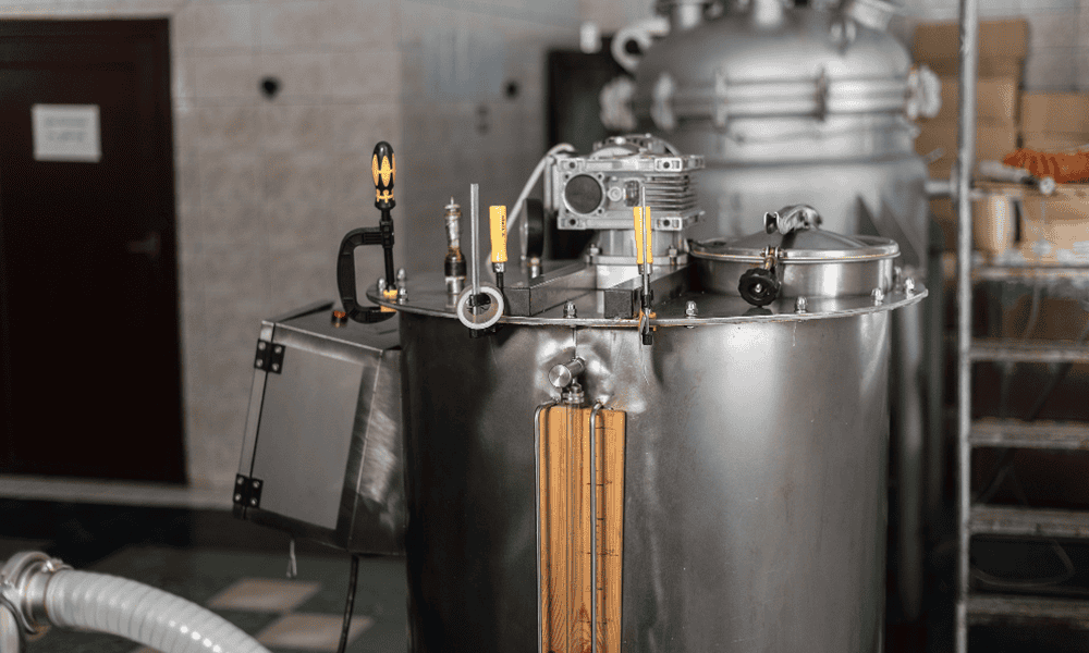 Precision stainless steel dairy processing equipment for milk production.