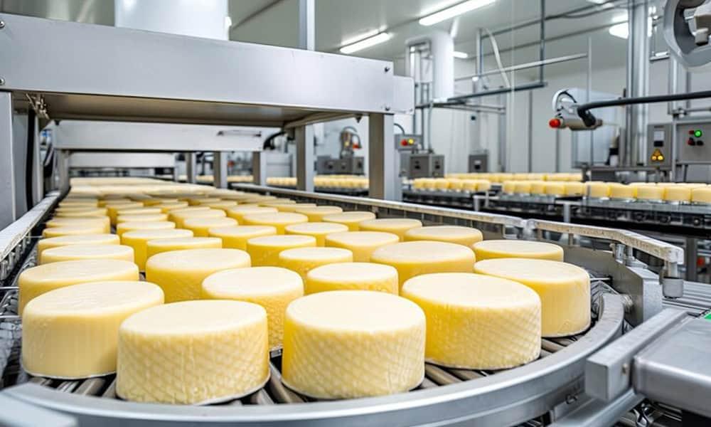 Cheese wheels on conveyor belt in dairy processing plant for cheese production.