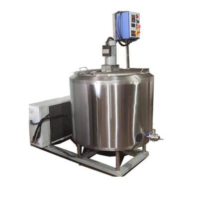 Stainless steel milk processing tank with digital control panel for dairy farms and milk production.
