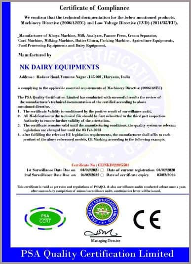 NK Dairy Equipment certification certificate, quality assurance for dairy machinery and equipment.