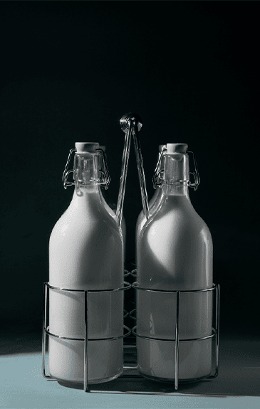Stainless steel milk bottles in a wire rack for dairy storage and transportation.
