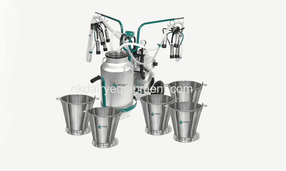 Automatic dairy milking machine with stainless steel buckets for efficient milk collection.