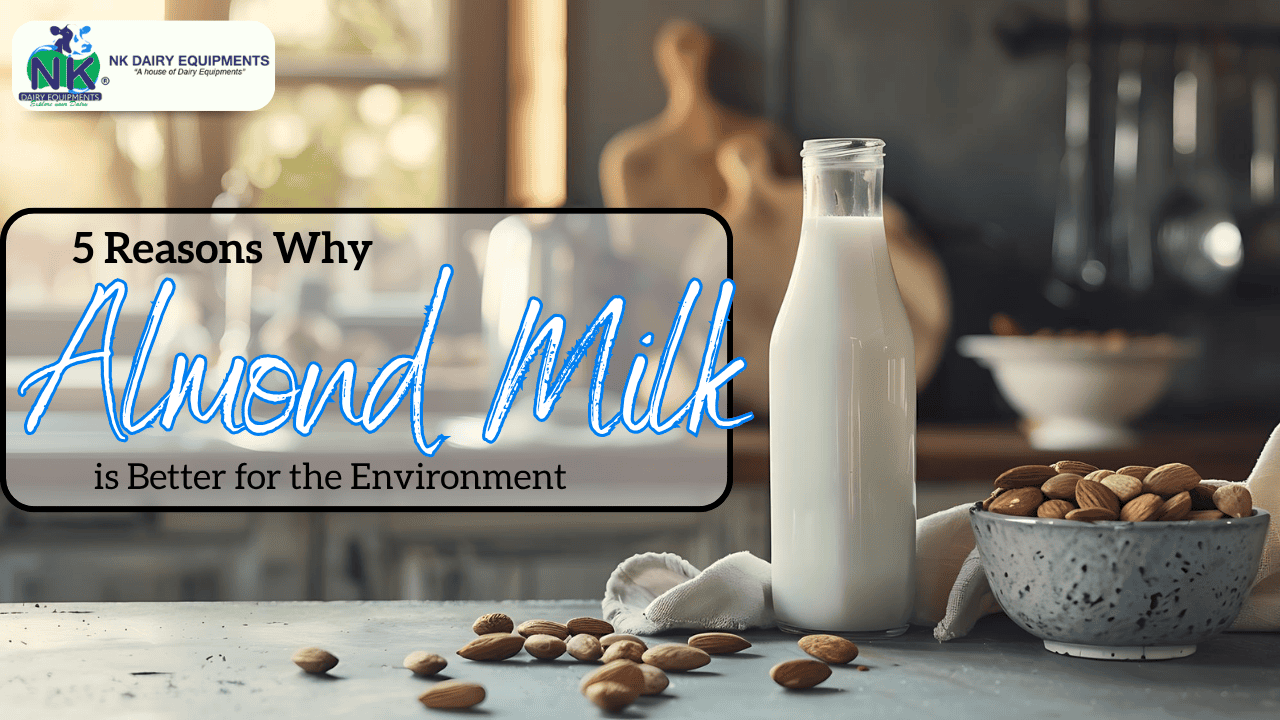 Almond milk in a glass bottle with almonds and a bowl, promoting eco-friendly dairy alternatives.