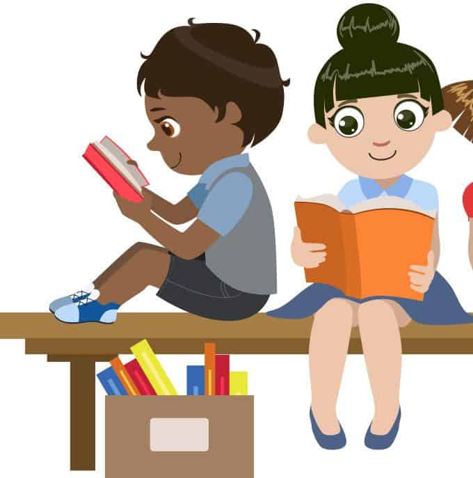 Bright children reading books at a library, promoting literacy and early education.