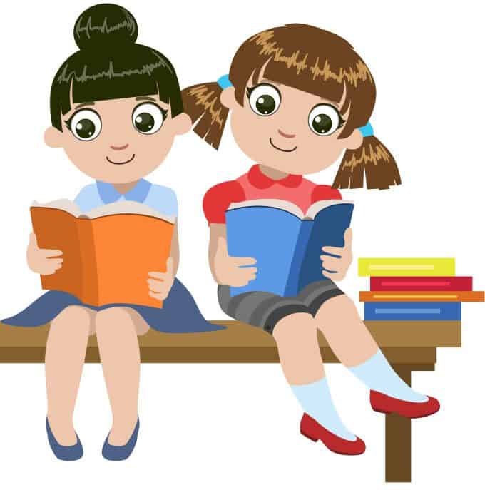 Colorful cartoon illustration of two kids reading books on a bench, promoting education and literacy.