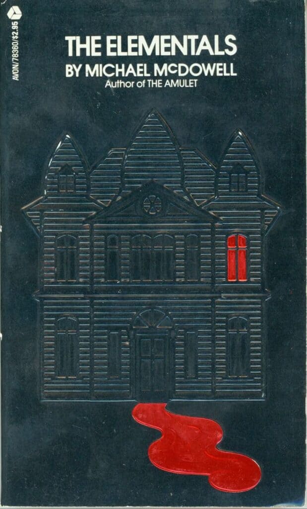 The Elements book cover by Michael McDowell featuring a dark illustration of a haunted house with a red blood-like trail leading to the door, emphasizing horror and mystery themes.