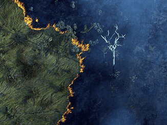 Corte de floresta com incêndio florestal mostrando destruição ambiental e impacto na biodiversidade. Contexto de preservação ambiental, mudanças climáticas e combate ao desmatamento na Amazônia.