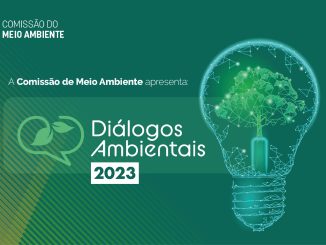 Padrão de imagem de uma ilustração digital de uma lâmpada com uma árvore dentro, simbolizando sustentabilidade e inovação ambiental. Design futurista em tons de verde e azul, relacionado a diálogos ambientais e política de preservação.