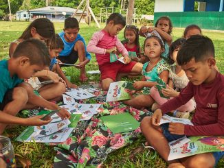 Crianças participando de atividade ao ar livre com materiais educativos sobre preservação ambiental e sustentabilidade em um ambiente verde e natural.