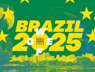 Cores vibrantes e elementos relacionados à sustentabilidade e economia circular no Brasil, destacando o Fórum Mundial da Economia Circular de 2025.