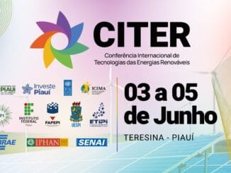 Painéis solares e turbinas eólicas representam tecnologias de energias renováveis no evento ambiental.