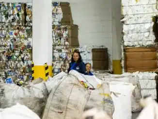 Reciclagem de papel e plástico em centro de processamento ambiental embalagens descartáveis.