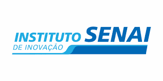 Selo do Instituto SENAI de inovação com logo azul e branco, destacando a inovação tecnológica e o desenvolvimento de projetos sustentáveis no setor industrial brasileiro.