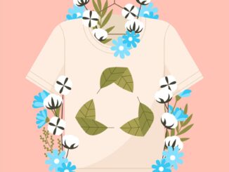 Cotton floral t-shirt no estilo sustentável com folhas de algodão e flores azuis, promovendo moda ecológica e conscientização ambiental.