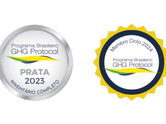 Certificação de reconhecimento do programa brasileiro GHG Protocol, prêmio prata 2023, com inventário completo de emissões de gases de efeito estufa.