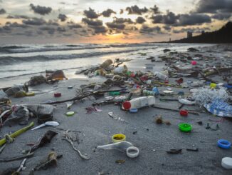 Plástico e lixo de plástico espalhados na areia de uma praia poluída ao pôr do sol, destacando os impactos da poluição ambiental e a urgência de ações sustentáveis.