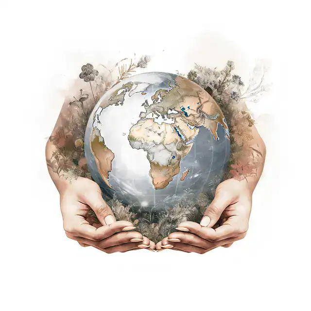 Terra em mãos com elementos naturais ao redor, destacando sustentabilidade e preservação ambiental.