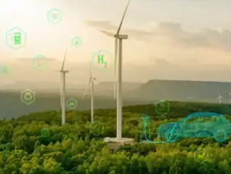 Geradores de energia eólica sustentáveis em floresta verde, com ilustrações digitais de carro elétrico carregando e ícones de energia limpa e hidrogênio, promovendo inovação e meio ambiente.