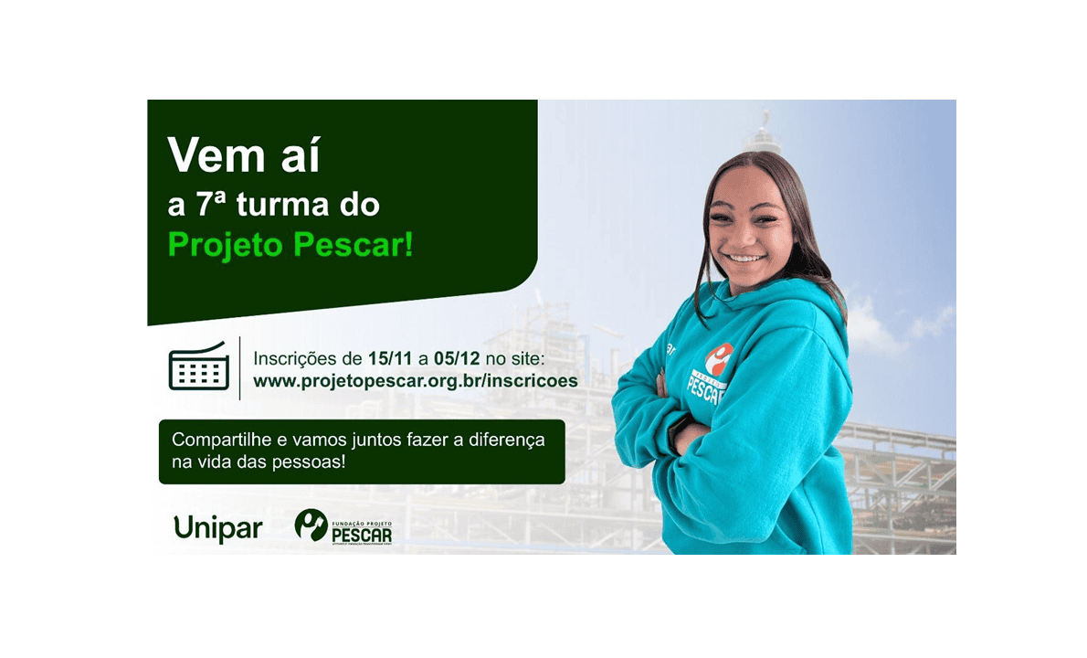 Inscrição para o Projeto Pescar, programa de formação profissional e inclusão social para jovens, promovido pela Fundação Projeto Pescar com apoio do Unipar.