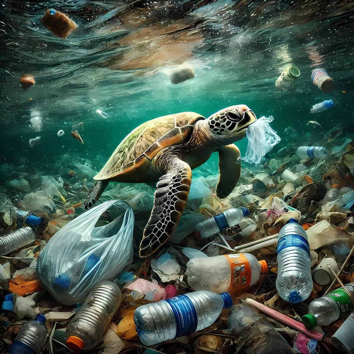 LAD01, baleia nadando entre lixo plástico no oceano, evidenciando poluição marinha e impacto ambiental, com foco em conservação ambiental e esforços de preservação da vida marinha.