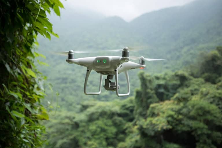 Drone para monitoramento ambiental sobre floresta tropical densa, utilizado em projetos de conservação e preservação do meio ambiente.