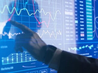 Gráfico financeiro digital com análises de mercado e tendências econômicas em tela de computador.