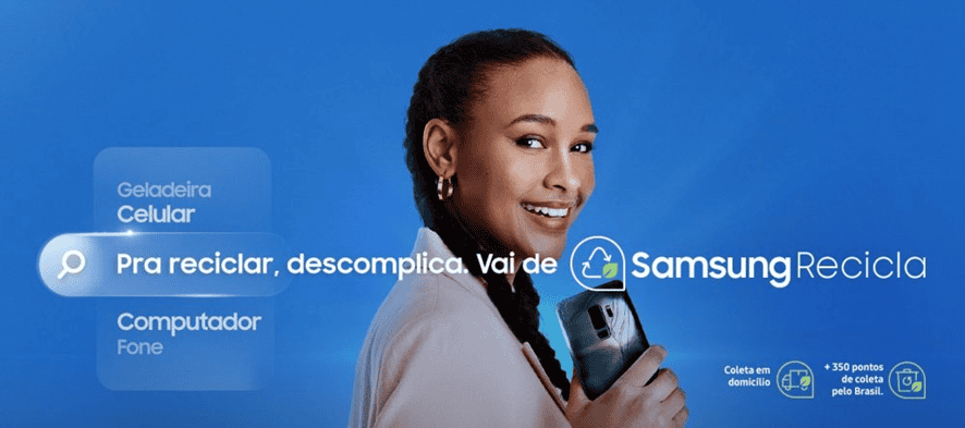 Reciclagem de eletrônicos, mulher segurando celular, campanha Samsung Recicla, descarte correto de aparelhos eletrônicos, sustentabilidade e proteção ambiental.