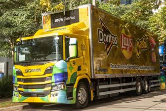Caminhão de delivery de Doritos Lay's com propaganda de energia elétrica sustentável Safely Navigating the Streets with an Eco-Friendly Doritos delivery truck promoting renewable energy and sustainability.