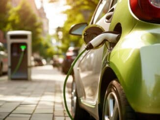 Carro elétrico carregando na rua, destaque para ponto de recarga de veículos sustentáveis e energia limpa em ambiente urbano.
