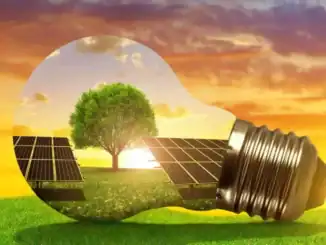 Painel solar e árvore dentro de uma lâmpada, simbolizando energias renováveis e sustentabilidade ambiental.