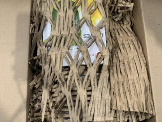 Papelão ondulado reciclado e embalagens sustentáveis dentro de uma caixa de papelão.