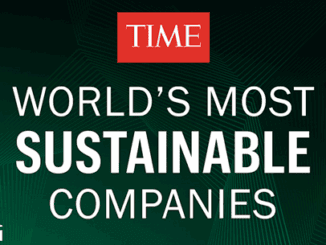 TIME World's Most Sustainable Companies 2025 logo on a dark green background, highlighting environmental responsibility and corporate sustainability excellence.