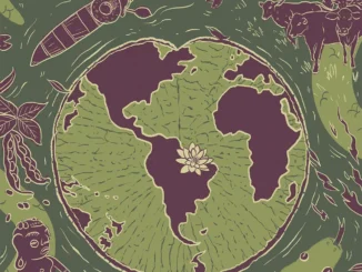 Mapa ilustrado da Amazônia Brasileira com elementos naturais e animais, destacando a biodiversidade e preservação ambiental da maior floresta tropical do mundo.