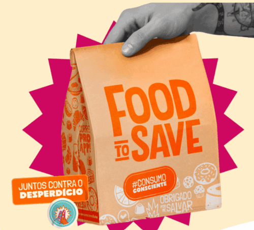 Sacola de compras com a frase "Food to Save" e hashtag #ConsumoConsciente, promovendo economia e combate ao desperdício, com fundo colorido e elementos gráficos relacionados à alimentação e sustentabilidade.
