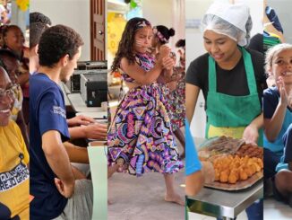 Crianças participando de atividades educativas e culinárias em projeto social sustentável, promovendo inclusão, educação ambiental e desenvolvimento social em comunidades carentes de forma saudável e consciente.