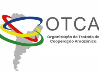 OTCA Organização do Tratado de Cooperação Amazônica logotipo e mapa da floresta amazônica, representando cooperação internacional para a preservação ambiental na região amazônica.