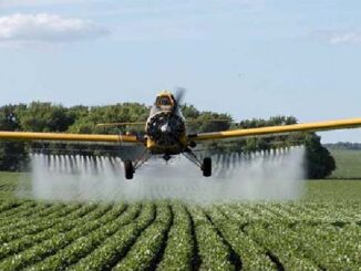 Sprayer aircraft over crops, applying pesticides for agricultural pest control, in a large green field under a partly cloudy sky.