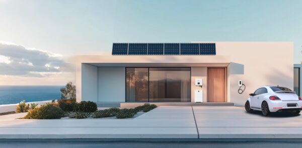 Painel solar em telhado de residência moderna com vista para o mar, destacando energia renovável e sustentabilidade.