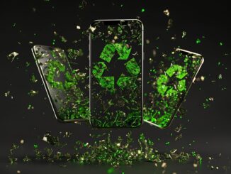 Celulares com símbolo de reciclagem e partículas verdes, representando sustentabilidade e tecnologia ecológica em foco.