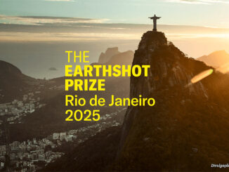 Skyline of Rio de Janeiro at sunset with Christ the Redeemer statue, promoting the Earthshot Prize 2025.