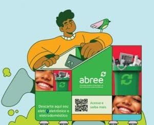 Cartoon de uma pessoa sorridente com uma ave no ombro, promovendo ações sustentáveis e ambientais, de fundo clara para destaque, estilo ilustrativo.