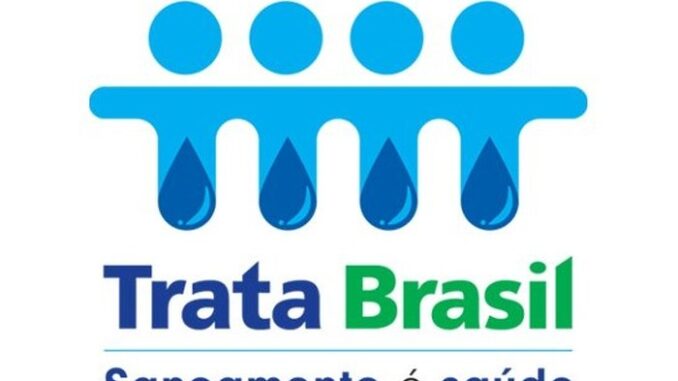 Selo do programa Trata Brasil promovendo saneamento básico sustentável e saúde pública no Brasil, com ícones de plantas e gotas de água em azul e verde, enfatizando preservação ambiental e saneamento.